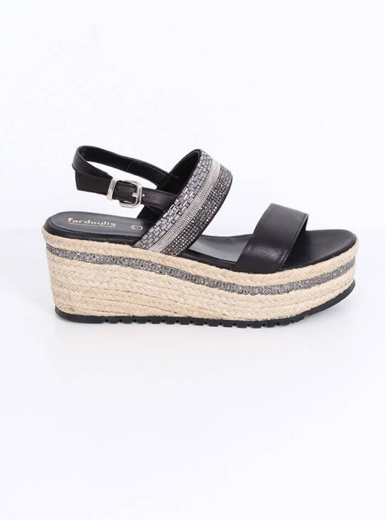 Δερμάτινο Σανδάλι Πλατφόρμα Με Στρας Μαύρο MF