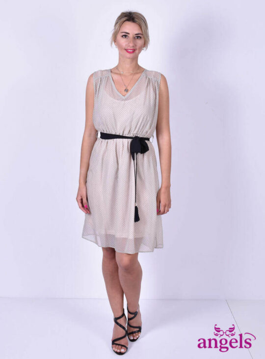 Κοντό Αμάνικο Φόρεμα Πουά Μπεζ