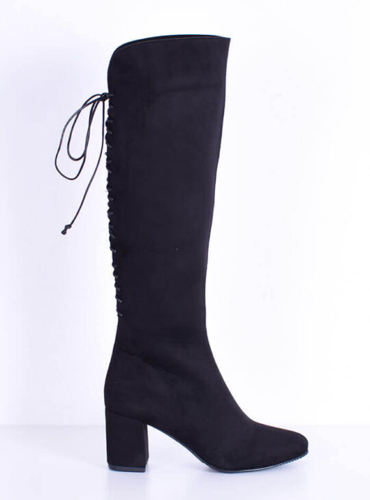 Μαύρη Μπότα Suede Με Χιαστί Δερματάκια