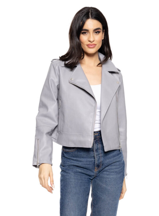 Γυναικείο μπουφάν δερματίνη σε γκρι χρωμα στυλ biker SPLENDID FASHION||ΓΥΝΑΙΚΕΙΑ ΜΠΟΥΦΑΝ BIKER||ΓΥΝΑΙΚΕΙΑ ΡΟΥΧΑ||ΓΥΝΑΙΚΕΙΑ ΜΠΟΥΦΑΝ