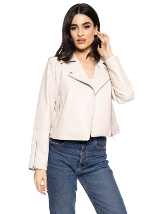 Γυναικείο μπουφάν δερματίνη σε off white χρωμα στυλ biker SPLENDID FASHION||ΓΥΝΑΙΚΕΙΑ ΜΠΟΥΦΑΝ BIKER||ΓΥΝΑΙΚΕΙΑ ΡΟΥΧΑ||ΓΥΝΑΙΚΕΙΑ ΜΠΟΥΦΑΝ