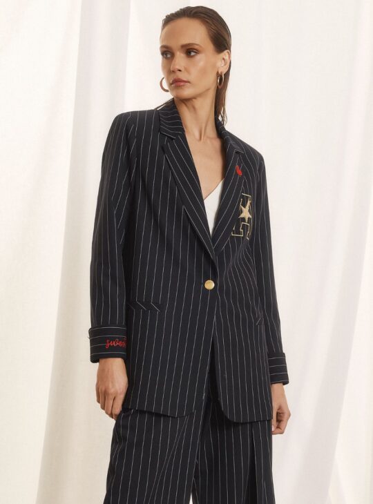 Γυναικείο σακάκι ριγέ με patch και embroidery μπροστά και πίσω στην πλάτη FIGARO FASHION
