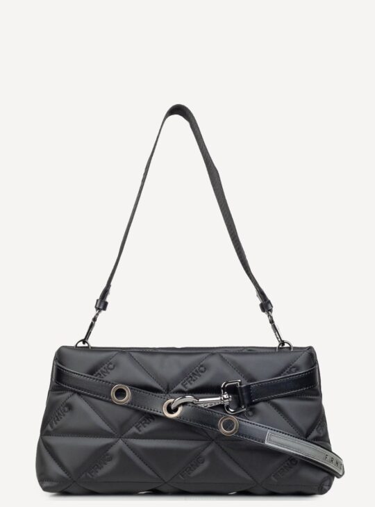 Γυναικεία τσάντα ώμου-χειρός FRNC 4163 IVR σε μαύρο χρώμα Κατασκευασμένη από αδιάβροχο υλικό με καπιτονέ λεπτομέρειες. Εσωτερικά περιλαμβάνει έναν ενιαίο χώρο και μία θήκη που κλείνει με φερμουάρ. Διαθέτει αποσπώμενο ιμάντα και κλείνει με φερμουάρ. Μήκος 32 cm/ Ύψος 16cm / Πλάτος 6cm.