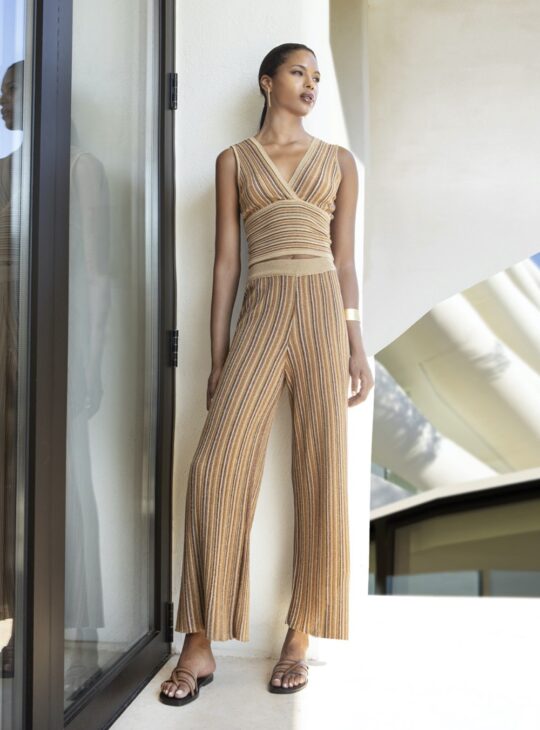 Γυναικεία παντελόνα ριγέ με μεταλλική κλωστή σε bronze αποχρώσεις AGGEL KNITWEAR.