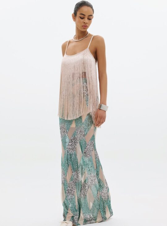 Μάξι φούστα με παγιέτες, εφαρμοστή με τέλειο καλοκαιρινό συνδυασμό χρωμάτων και ημιδιάφανο ύφασμα ANNA SAMOUKA ARIELLA SKIRT Διαθέτει εσωτερική φόδρα.