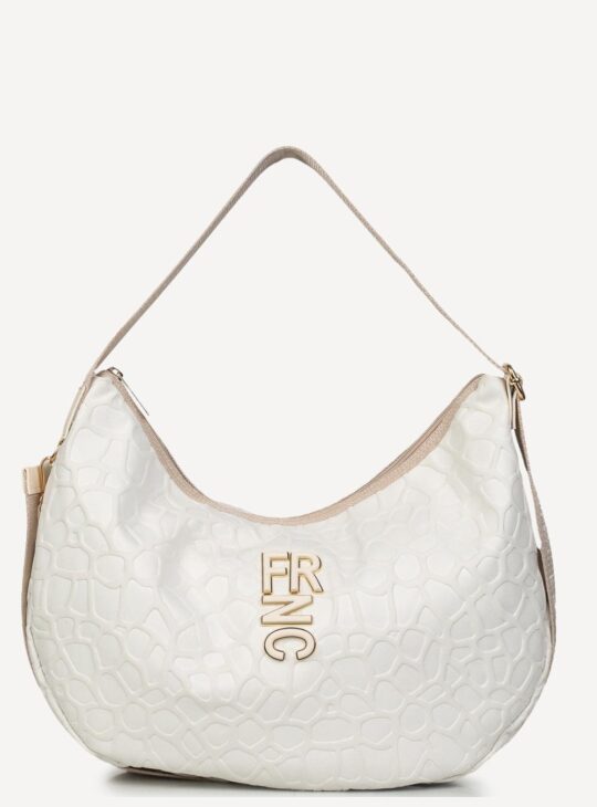 Γυναικεία τσάντα ώμου κατασκευασμένη από ύφασμα με ανάγλυφα σχέδια FRNC 6196 PEARL. Ανάγλυφη υφή Λογότυπο FRNC στο μπροστινό μέρος Κλείσιμο με φερμουάρ Εσωτερικές θέσεις για τα προσωπικά σας αντικείμενα Ρυθμιζόμενος ιμάντας που μπορεί να αφαιρεθεί Μήκος: 40 cm Πλάτος: 9 cm Ύψος: 22 cm