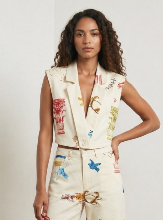 Γυναικείο εμπριμέ γιλέκο κοντό που κλείνει με ένα κουμπί και έχει έντονη λαιμόκοψη με γιακά NEW AGE FASHION.