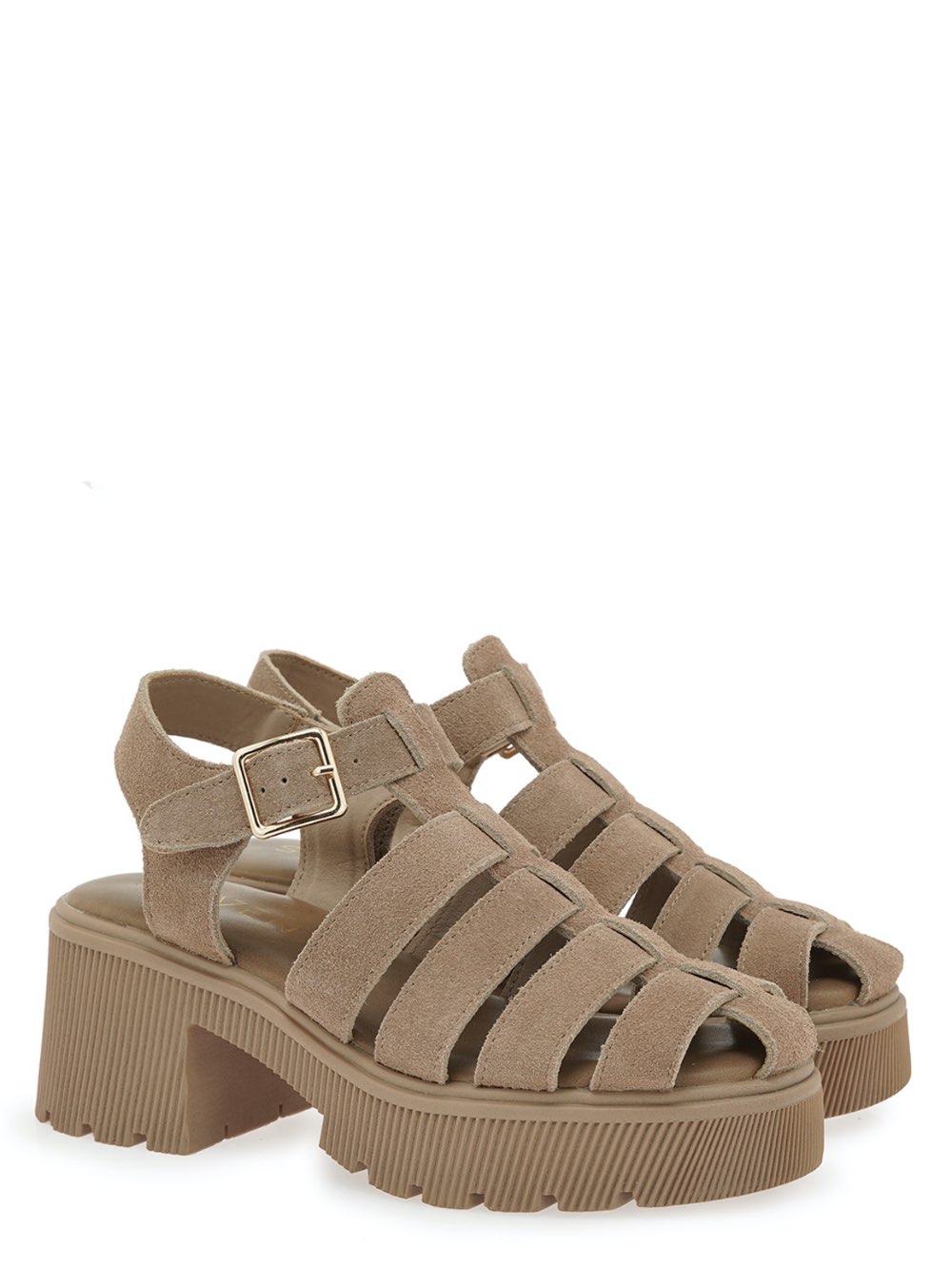 Γυναικεία δερμάτινα σανδάλια κατασκευασμένα από γνήσιο suede δέρμα σε μπέζ χρώμα SEVEN. Ύψος τακουνιού: 7 εκ.