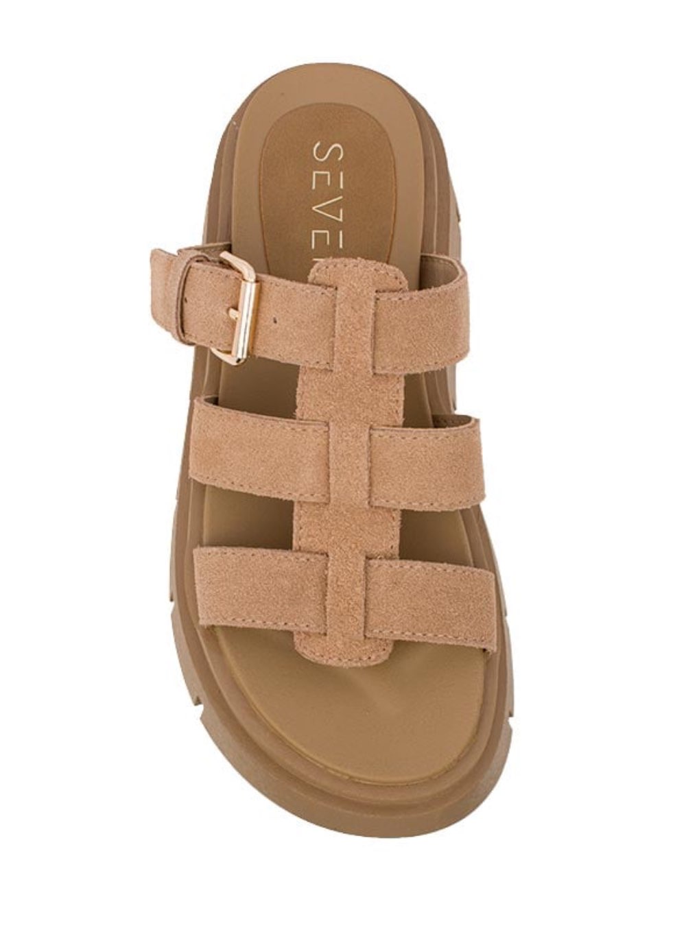 Γυναικεία δερμάτινα σανδάλια κατασκευασμένα από γνήσιο suede δέρμα σε μπέζ χρώμα SEVEN. Ύψος τακουνιού: 8 εκ.