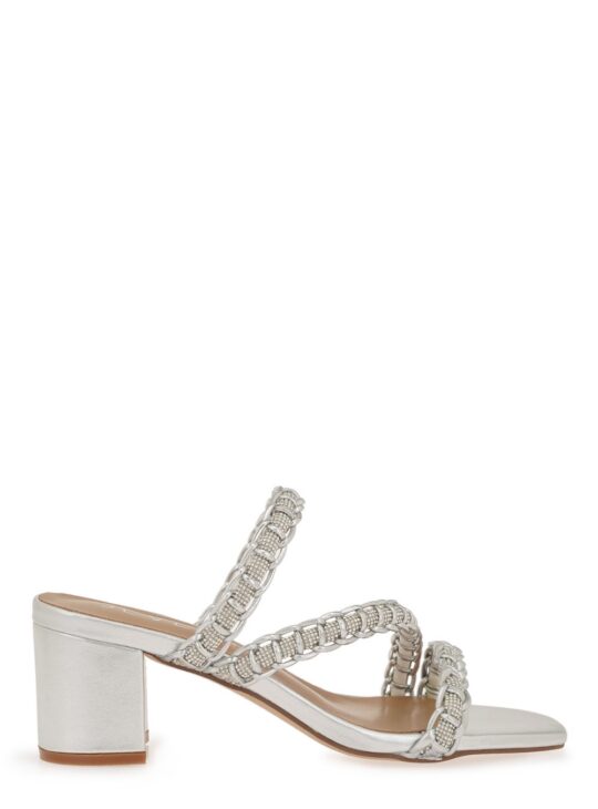 Γυναικεία mules σε ασημί χρώμα, διακοσμημένα με στρας κατασκευασμένα από συνθετικό δέρμα SEVEN. Ύψος Τακουνιού:6,5 εκ.