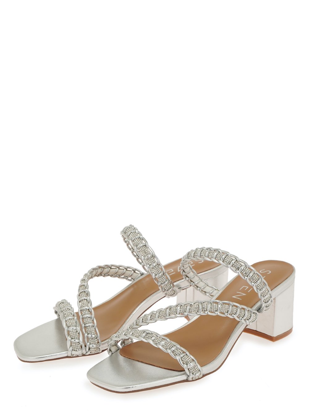 Γυναικεία mules σε ασημί χρώμα, διακοσμημένα με στρας κατασκευασμένα από συνθετικό δέρμα SEVEN. Ύψος Τακουνιού:6,5 εκ.