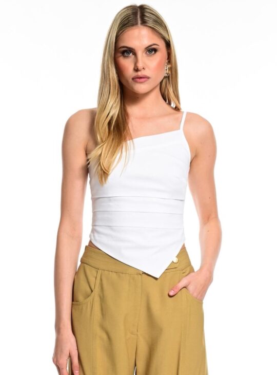 Γυναικείο τοπ με τελείωμα σε σχήμα V στο μπροστινό μέρος που θυμίζει μαντήλι WE COSS. Διαθέτει μία τιράντα σιλικόνης και μία Spaghetti. Έχει τέλεια στενή γραμή. Σύνθεση:79%COT-18%PA-3%SP