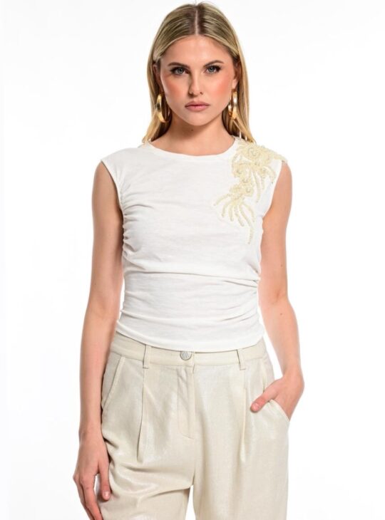 Γυναικεία αμάνικη μπλούζα πέρλες στον έναν ώμο και ντραπέ σχέδιο στη μέση WE COSS.